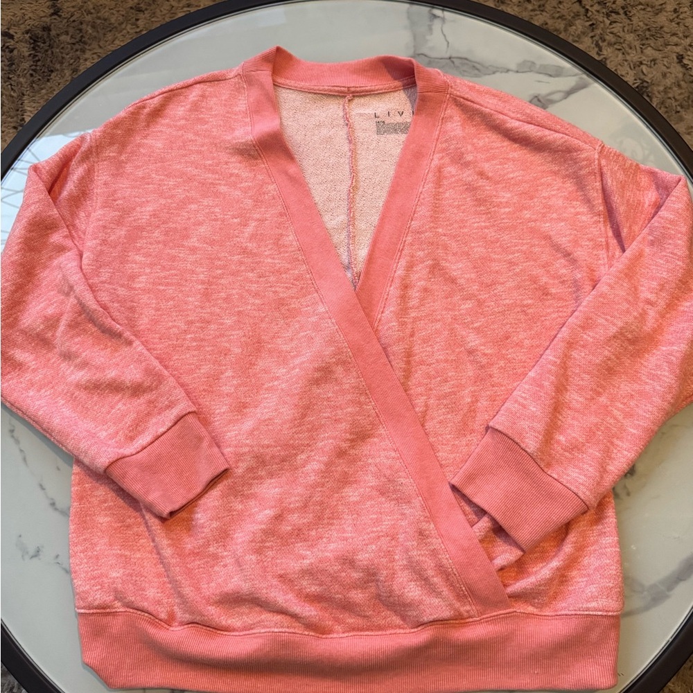 LIVI Lane Bryant Plush Soft French Terry V-Neck Wrap Sweater in pink. 14/16